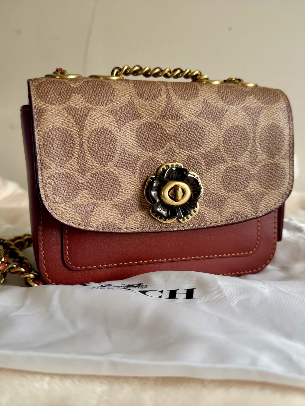 Coach Madison Signature Coated Canvas Mini Shoulder Crossbody TeaRose Turnlock